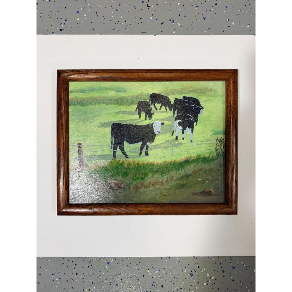Vintage Signed Original Oil Painting Cows Pasture Cattle Farmhouse Decor Framed